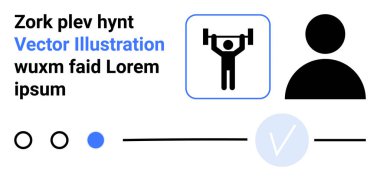 Metin bloğu, halter figürü, kullanıcı simgesi, ilerleme çubuğu, noktalar, kontrol işareti. Fitness, profil kurulumu, uygulama tasarım kullanıcı arayüzü süreci için ideal sağlık izleme mobil uygulamaları