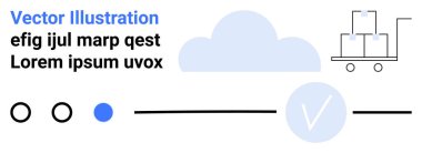 Bulut motifi, yük arabasındaki kutular, kaydıraklar, seçim çemberleri ve işaretleme işaretleri. Lojistik yönetimi, proje takibi, süreç akışı, bulut hizmetleri kullanıcı arayüzü tasarım teknolojisi çözümleri için ideal