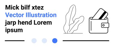 Kredi kartı, bitki çizimi ve modern bir düzende düzenlenmiş Lorem ipsum metni olan bir cüzdan. Finansal hizmetler, dijital cüzdanlar, e-ticaret, minimalist tasarım, çevrimiçi ödemeler, modern