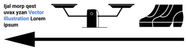 Dengeli ölçekler, adımlar ve altı çizili kalın bir sol ok. Kararlar için ideal, ilerleme, rehberlik, yön, hukuk, eşitlik metaforları düz iniş sayfası afişi