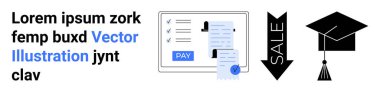 Ödeme formu ve makbuzu olan bir monitör, aşağı doğru satış oku, mezuniyet şapkası. Çevrimiçi işlemler, e-ticaret, eğitim, indirimler, finansal araçlar, başarılar için ideal soyut çizgi düz metaforu