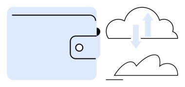 Cüzdan simgesi ve oklarla birlikte veri alışverişini gösteren oklar dijital işlemleri, depolamayı, finans yönetimini ön plana çıkarıyor. Fintech, güvenlik, bulut hesaplama, tasarruflar, nakit ödemeler için ideal