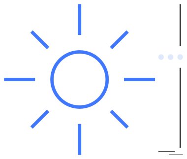 Dairesel güneş, sekiz düz ışın, noktalı elips ve minimum çizgiler. Hava, enerji, berraklık, basitlik, iyimserlik, minimalizm tasarımı için ideal düz bir metafor.