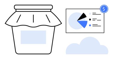 Finansal pasta grafiğinin ve bulut grafiğinin yanında kumaş kapaklı cam kavanoz. Veri analizi, e-ticaret, küçük işletmeler, çevrimiçi satışlar, envanter, bulut depolama, pazar trendleri için ideal. Düz basit