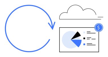 Turta diyagramı ve finansal elementi içeren bir döngü, bulut ve veri tablosu oluşturan büyük bir ok. Bulut hesaplama, veri depolama, analitik, finans, teknoloji iş akışı sürdürülebilirliği için idealdir. Düz