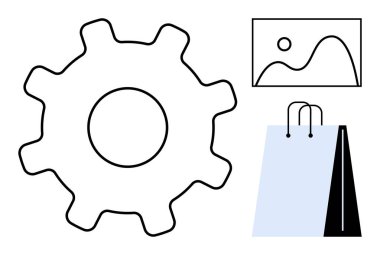 Vites, alışveriş çantası ve yenilik, e-ticaret ve yaratıcılığı temsil eden çerçeveli sanat. Tasarım, iş, endüstri perakende verimlilik işbirliği için ideal. Düz basit metafor