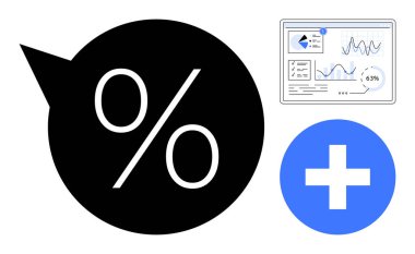 Yüzde simgesi analitik gösterge paneli ve tıbbi haçla eşleştirilerek büyüme, ilerleme ve sağlık hizmetlerini sembolize ediyor. Finans, analitik, tıbbi ilerleme, başarı, hesaplama yeniliği için ideal