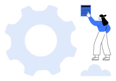 Kadın hesap makinesiyle etkileşime giriyor, vites ve bulutun yanında duruyor. Teknoloji, üretkenlik, yenilik, analiz, problem çözme, takım çalışması ve verimlilik kavramları için idealdir. Düz basit metafor