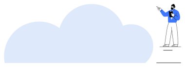 İş adamı elinde bir tablet tutarken bulut konseptini sunuyor. Büyük bulut odaklı. Teknoloji, bulut hesaplama, iş, eğitim, veri paylaşımı, işbirliği, düz basit metafor