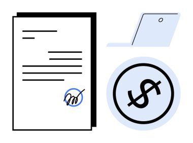 Kalem izi, dizüstü bilgisayar ve dolar sembollü işaretli daire şeklinde imzalanmış sözleşme imzalama, uzaktan çalışma, e-ticaret. İş, finans, teknoloji, çevrimiçi işlemler için ideal dijital