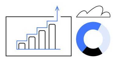 Büyümeyi, renkli pasta grafiğini ve bulut sembolünü gösteren yukarı doğru ok grafiği. Analiz, finans, strateji, başarı, gelişme ve büyüme kavramları için idealdir. Düz basit metafor
