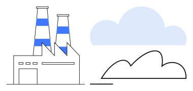 Basitleştirilmiş bulut şekilleri yayan, hava kirliliği, endüstri etkisi, sürdürülebilirlik, iklim değişikliği, çevre bilinci, temiz enerji ve eko-bilinç yayan fabrika binaları