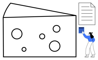 Kadın, hesap makinesiyle büyük bir peynir bloğu ve kağıt dökümanının yanında etkileşime giriyor. Analiz için ideal, gıda endüstrisi, araştırma, iş çözümleri, problem çözme, stratejik düşünce, düz basit