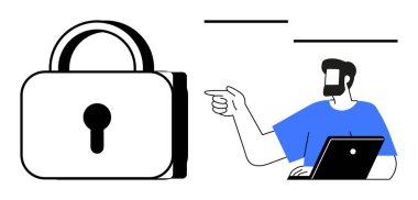 Sakallı bir adam dizüstü bilgisayarı tutuyor, büyük bir asma kilidi işaret ediyor. Siber güvenlik, veri koruması, gizlilik, dijital güvenlik, çevrimiçi güvenlik, gizli bilgi dijital kilit için idealdir. Soyut çizgi