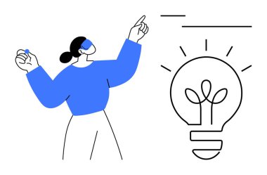 Yenilikçi ampullere doğru hareket eden kadın figürü yaratıcılığı ve çözümleri sembolize ediyor. Beyin fırtınası, yenilik, eğitim, takım çalışması, problem çözme, yaratıcılık ve vizyon için idealdir. Düz basit