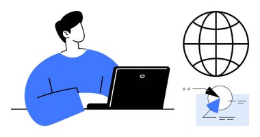 Veri analizi için dizüstü bilgisayar, dünya temsili ve pasta grafiği kullanan kişi. Teknoloji, uzaktan çalışma, küreselleşme, veri bilimi, araştırma eğitimi dijital sektörü için ideal. Düz basit metafor