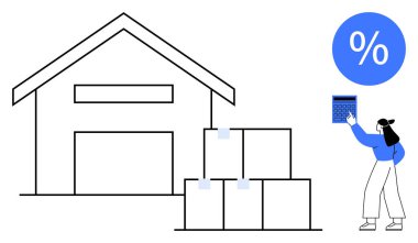 Depoda istiflenmiş kutular, kadın hesap makinesini yüzde işaretinin altında tutuyor. Lojistik, depolama, indirim, e-ticaret, envanter, fiyatlandırma stratejisi iş verimliliği için ideal. Düz basit