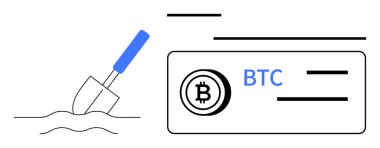 Toprağı kazmak madenciliği simgeler Bitcoin kart gösterimi kripto para kavramı ile. Engelleme zinciri, finans, teknoloji, yerel para birimi, yatırım, madencilik, kripto para birimi için ideal