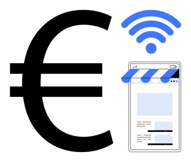 Çevrimiçi bir mağaza arayüzü ve kablosuz sinyali gösteren bir tabletin yanında Euro işareti var. E-ticaret, fintech, çevrimiçi alışveriş, dijital ödemeler, bağlantı, mobil ticaret, daire sade