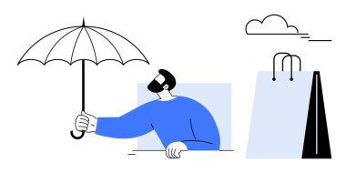 Bir alışveriş çantasının yanında şemsiye tutan adam koruma, güvenlik, hava durumu, tüketim öneriyor. Sigorta, online alışveriş, hava durumu uygulamaları, perakende güvenliği için ideal