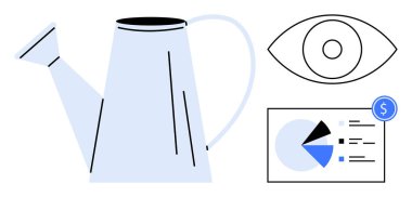 Büyümeyi desteklemek için sulama kutusu, kavrayışı temsil eden gözler ve ilerlemeyi ön plana çıkaran finansal tablolar. Büyüme, strateji, vizyon, finans, yetiştirme analizi planlama için idealdir. Düz basit