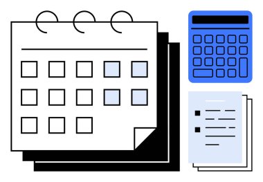 Vurgulanmış tarihli takvim, mavi hesap makinesi ve istiflenmiş belgeler. Zamanlama, planlama, mali yönetim, teslim tarihleri, verimlilik organizasyonu verimliliği için ideal. Düz basit