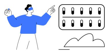 Arttırılmış gerçeklik gözlüğü takan adam sanal arayüzle etkileşime giriyor düğmeleri ve bulut elementi var. Yenilik, teknoloji, AR etkileşimi, gelecekteki kavramlar, veri yönetimi için ideal