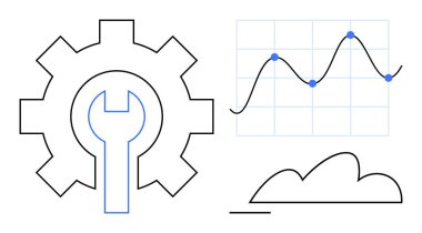 İngiliz anahtarını sembolize eden aletler ve süreçler, veri içgörüleri için analitik çizgi grafiği, yenilik için soyut bulut. İş, strateji, teknoloji, analitik, onarım, bulut hesaplama için ideal
