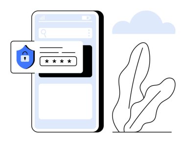 Güvenli giriş işlemlerini temsil eden parola girdisi ve kalkan simgesi içeren akıllı telefon ekranı. Siber güvenlik, veri gizliliği, kimlik doğrulama, giriş sistemleri, mobil uygulamalar, teknoloji güvenliği için ideal