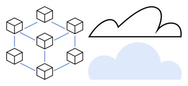 Bulut görüntülerinin yanında bir engelleme ağı oluşturan birbirine bağlı küpler. Düz basit metaforda teknoloji, veri paylaşımı, depolama, yenilik, ademi merkeziyet, güvenlik ve bağlantı için ideal