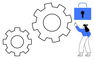 Büyük vitesler süreci ve işlemleri sembolize ederken, bir kadın güvenlik, takım çalışması ve verimliliği simgeleyen mavi asma kilide işaret ediyor. Teknoloji, veri güvenliği ve işbirliği için ideal