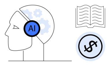 Yapay zeka donanımlı insan profili, öğrenmeyi temsil eden kitap, karı sembolize eden dolar işareti. Eğitim, yenilik, teknoloji, finans, araştırma geliştirme fütürizmi için idealdir. Düz basit metafor