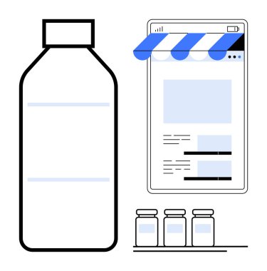 Dijital arayüzü ve küçük kavanozlarla dolu rafı olan bir tabletin yanında bir şişe. E-ticaret, çevrimiçi alışveriş, ürün pazarlama, dijital perakende, markalaşma, mağaza uygulamaları, girişimcilik, daire