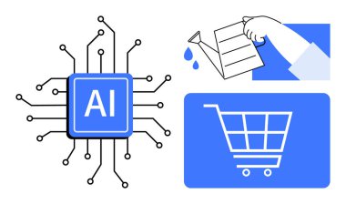 Yapay zeka devreli mikroçip, el sulama ve alışveriş arabası sembolleri e-ticaret, yenilik, otomasyon, dijital büyüme, müşteri bağlılığı, tahmin edici analitik, düz tabanlı yapay zeka sinerjisini vurguluyor