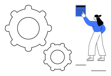 Kadın, üretkenliği, hesaplamaları ve organizasyonu simgeleyen büyük viteslerin yakınındaki hesap makinesini işaret ediyor. Takım çalışması, süreç yönetimi, optimizasyon, strateji, planlama, teknoloji için ideal