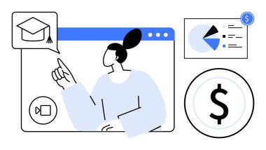 Çevrimiçi öğrenme arayüzü ile uğraşan, mezuniyet başlığı simgesi, grafik analizi ve dolar sembolü olan bir kadın. E-öğrenim, dijital eğitim, finans, analitik ve eğitim büyümesi için ideal