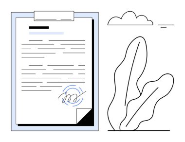 Belge görünür bir metin ve stilize yapraklar ve küçük bir bulut yanında bir imza ile bir tahtaya kesilmiş. Anlaşma, evrak, iş, yasal, sözleşme, belge imzalama, uyum için ideal. Düz