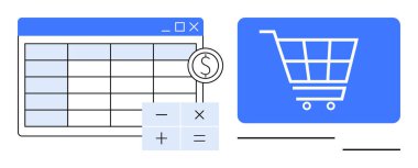 Veri şebekesi tablosu, matematik fonksiyonları ile hesap makinesi ve alışveriş arabası ikonu çevrimiçi satın alma ve finansal planlamayı temsil ediyor. E-ticaret, bütçe, finans, analiz ve perakende için ideal