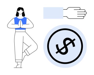 Ağaç üzerinde dengede duran kadın günlük kıyafetlerle poz veriyor, el hareketlerini resmediyor ve dolar işaretinin üstünü çiziyor. Sağlık, minimalizm, farkındalık, finans, sadelik, kişisel bakım dengesi için ideal. Düz basit
