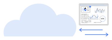 Analiz paneline iki yönlü oklarla grafikler ve ölçümlerle bağlı bir bulut. Teknoloji, veri paylaşımı, bulut depolama, analitik, bağlantı, dijital dönüşüm, iş için ideal