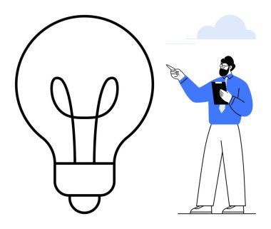 Elinde not defteri olan mavi gömlekli bir adam, büyük bir ampulü işaret ediyor. Yaratıcılık, yenilik, beyin fırtınası, problem çözme, eğitim, stratejik düşünme takım çalışması için idealdir. Düz basit metafor