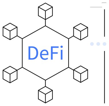 Altıgen merkezli soyut ağ DeFi etiketli ve birbirine bağlı geometrik bloklar. Finans, ademi merkeziyet, teknoloji, engelleme zinciri, yenilik, ağ oluşturma, şeffaflık için ideal. Düz basit