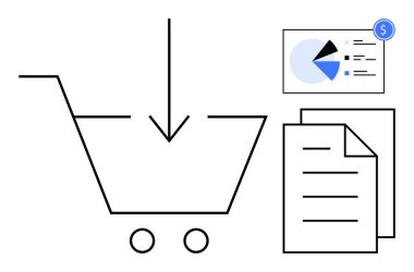 Oklu minimalist alışveriş arabası ikonu, analitik pasta grafiği, dolar işareti ve belge kağıtları. E- ticaret, alışveriş, finans, analitik işlem bütçesi dijital ödemeler için idealdir. Düz