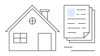 İstiflenmiş belgelerin, sözleşmelerin, ipoteklerin ve raporların yanında basit bir çizim. Gayrimenkul, konut, finans, emlak yönetimi, yasal anlaşmalar belgeleri ve krediler için ideal. Düz