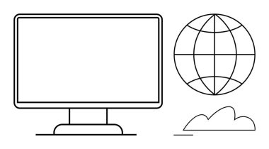 Küre ve bulutun yanındaki bilgisayar monitörü teknolojiyi, interneti, küresel iletişimi ve veri depolamayı temsil ediyor. IT, ağ oluşturma, eğitim, yenilik, iş dijital dönüşümü için ideal