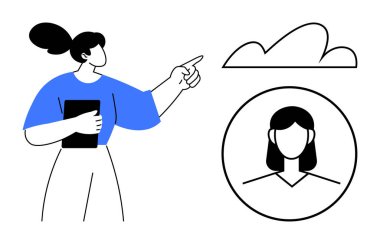 Kadın bir bulut işaret ediyor, elinde tablet var, bir kullanıcı profili simgesinin yanında. Takım çalışması, bağlantı, bulut teknolojisi, iletişim, dijital kimlik, liderlik yeniliği için ideal