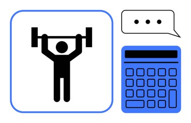 Halteri kaldıran kişi, güç hesap makinesini ve konuşma balonunu, planlama, veri ve hesaplamayı sembolize eder. Fitness, hedef belirleme, analitik, strateji, bütçe, motivasyon düzlüğü için ideal