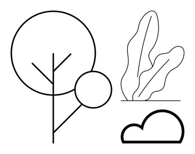 Soyut ağaç, yapraklı bitki ve basit doğrusal tarzda bulut. Doğa, ekoloji, çevre, sürdürülebilirlik, açık hava temalı sanat görselleri için idealdir. Düz basit metafor