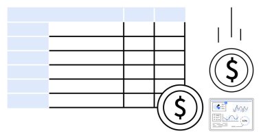 Dolar sembolleri ve analitik gösterge paneliyle birlikte hesap tablosu. Finans, bütçe, yatırım, gelir izleme, iş verileri, performans analizleri, ekonomik eğilimler için ideal