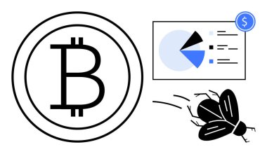 Bitcoin para birimi simgesi analitik grafiğinin yanında turta grafiği ve uçan bir böcek. Kripto para birimi, engelleme zinciri, ekonomik bozulma, finans, teknoloji, analitik ve dijital ekonomi için ideal. Düz